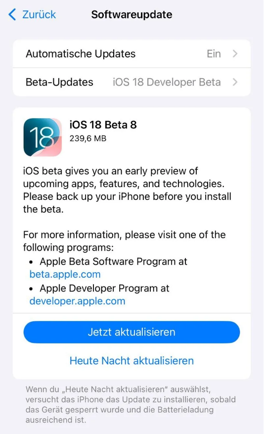 单县苹果手机维修分享苹果 iOS / iPadOS 18 开发者预览版 Beta 8 发布 